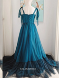 Chic A-line Strps Teal Tulle Long Prom Dresses Cheap Bridesmaid Dress Long Formal Dress OSTY046|Selinadress
