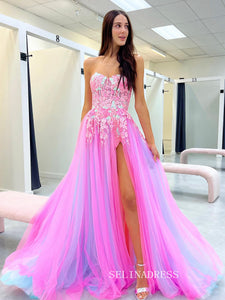 Chic A-line Sweetheart Applique Lace Long Prom Dress Hot Pink Beautiful Evening Dress #OPW004|Selinadress
