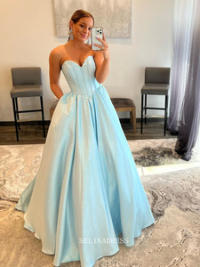 Chic A-line Sweetheart Baby Blue Long Prom Dresses Simple Evening Dress Formal Dresses TKL077|Selinadress