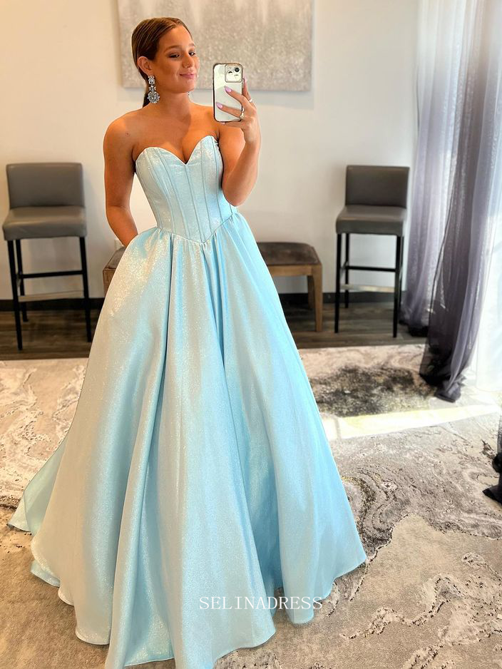 Chic A-line Sweetheart Baby Blue Long Prom Dresses Simple Evening Dres