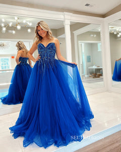 Chic A-line Sweetheart Beaded Long Prom Dress Royal Blue Tulle Elegant –  SELINADRESS