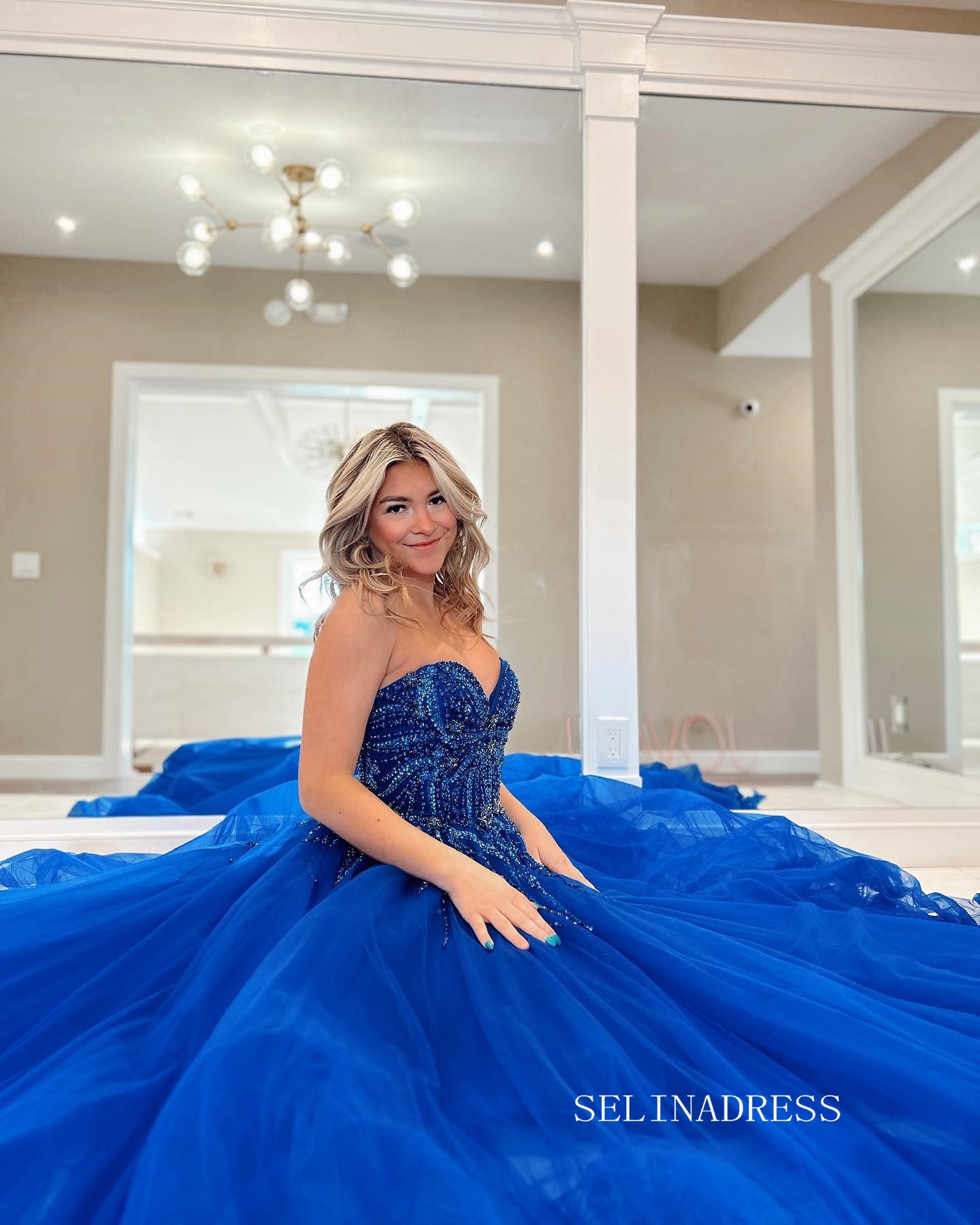 Chic A-line Sweetheart Beaded Long Prom Dress Royal Blue Tulle Elegant SELINADRESS Chic A-line Sweetheart Beaded Long Prom Dress Royal Blue Tulle Elegant SELINADRESS