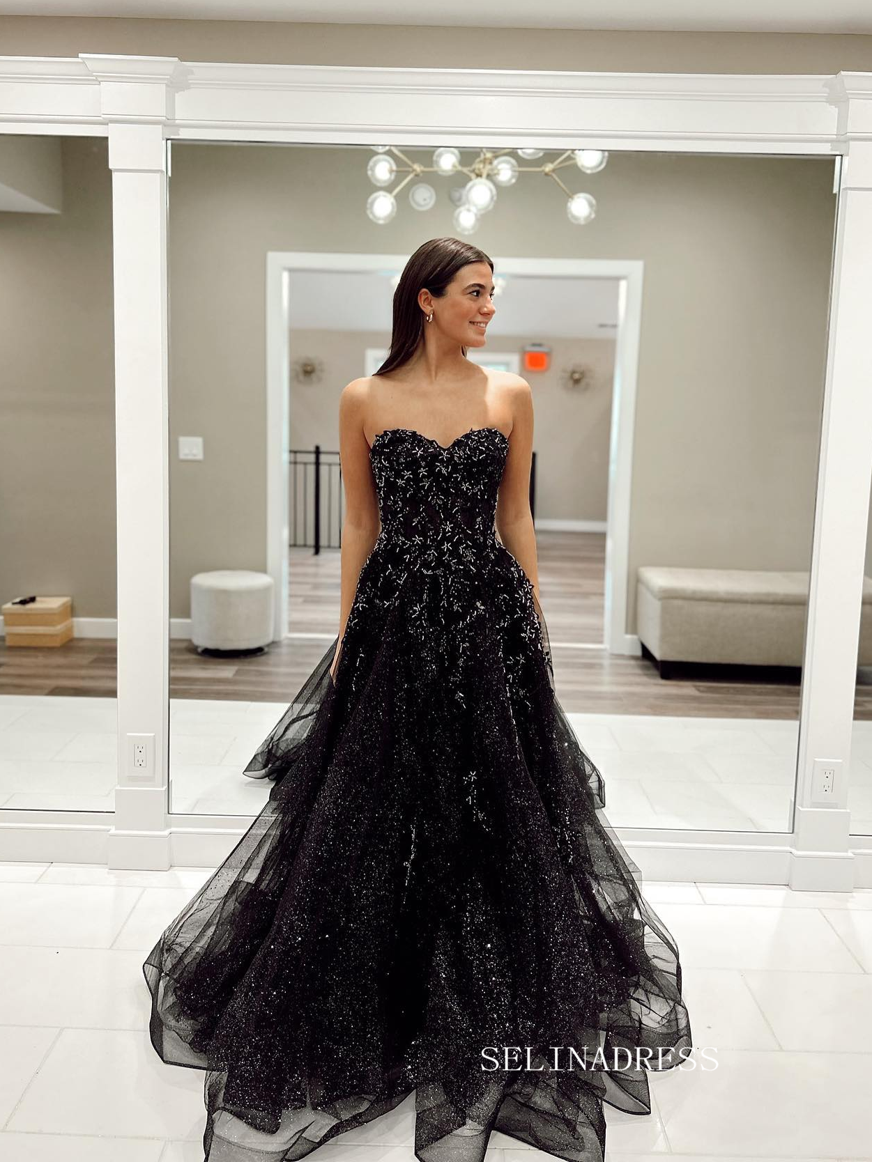 Chic A-line Sweetheart Black Long Prom Dress Long Sleeve Elegant Eveni SELINADRESS Chic A-line Sweetheart Black Long Prom Dress Long Sleeve Elegant Eveni SELINADRESS
