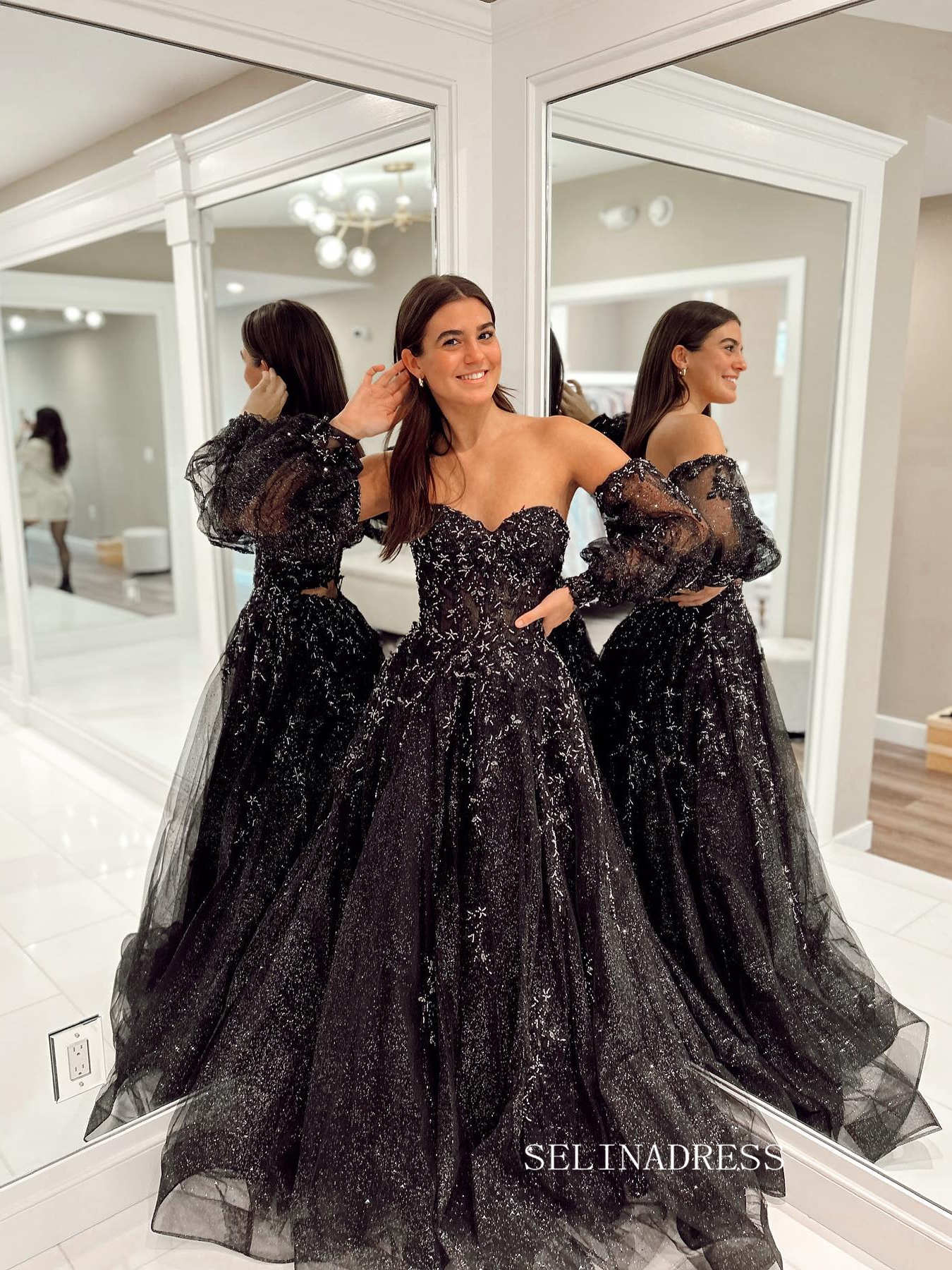 Chic A-line Sweetheart Black Long Prom Dress Long Sleeve Elegant Eveni SELINADRESS Chic A-line Sweetheart Black Long Prom Dress Long Sleeve Elegant Eveni SELINADRESS