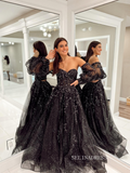 Chic A-line Sweetheart Black Long Prom Dress Long Sleeve Elegant Evening Party Dress #JKSS614|Selinadress