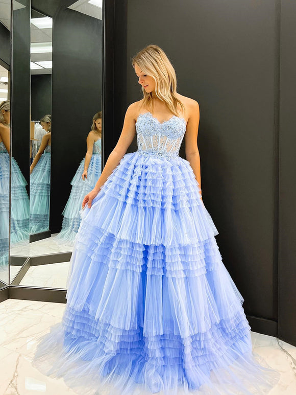 chic a line sweetheart lace long prom dress blue gorgeous frill layered gown