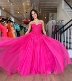 Chic A-line Sweetheart Long Prom Dress Fuchsia Lace Elegant Evening Dress #JKSS622|Selinadress