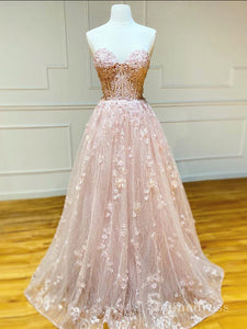 Chic A-line Sweetheart Pink Long Prom Dresses Lace Evening Gowns CBD572|Selinadress