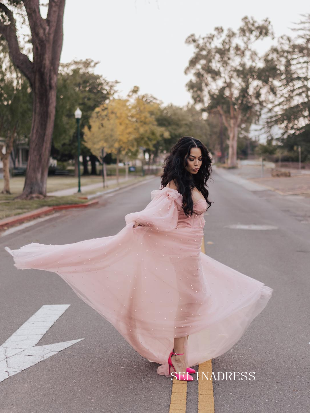 Chic A-line Sweetheart Puff Sleeve Long Prom Dresses Pink Beaded Forma SELINADRESS Chic A-line Sweetheart Puff Sleeve Long Prom Dresses Pink Beaded Forma SELINADRESS