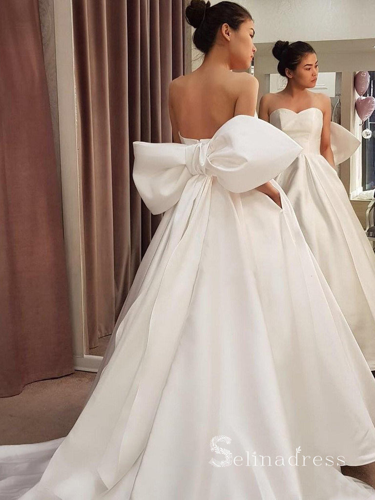Chic A-line Sweetheart White Wedding Dresses With Big Bow Satin Bridal Gowns CBD418 Chic A-line Sweetheart White Wedding Dresses With Big Bow Satin Bridal Gowns CBD418