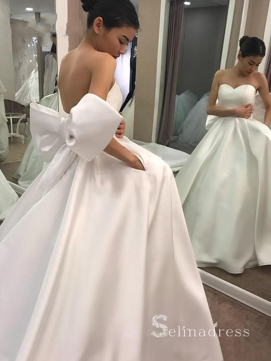 Chic A-line Sweetheart White Wedding Dresses With Big Bow Satin Bridal –  selinadress
