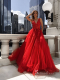 Chic A-line V neck 3D Floral Lace Long Prom Dress Red Evening Gowns MHL168|Selinadress