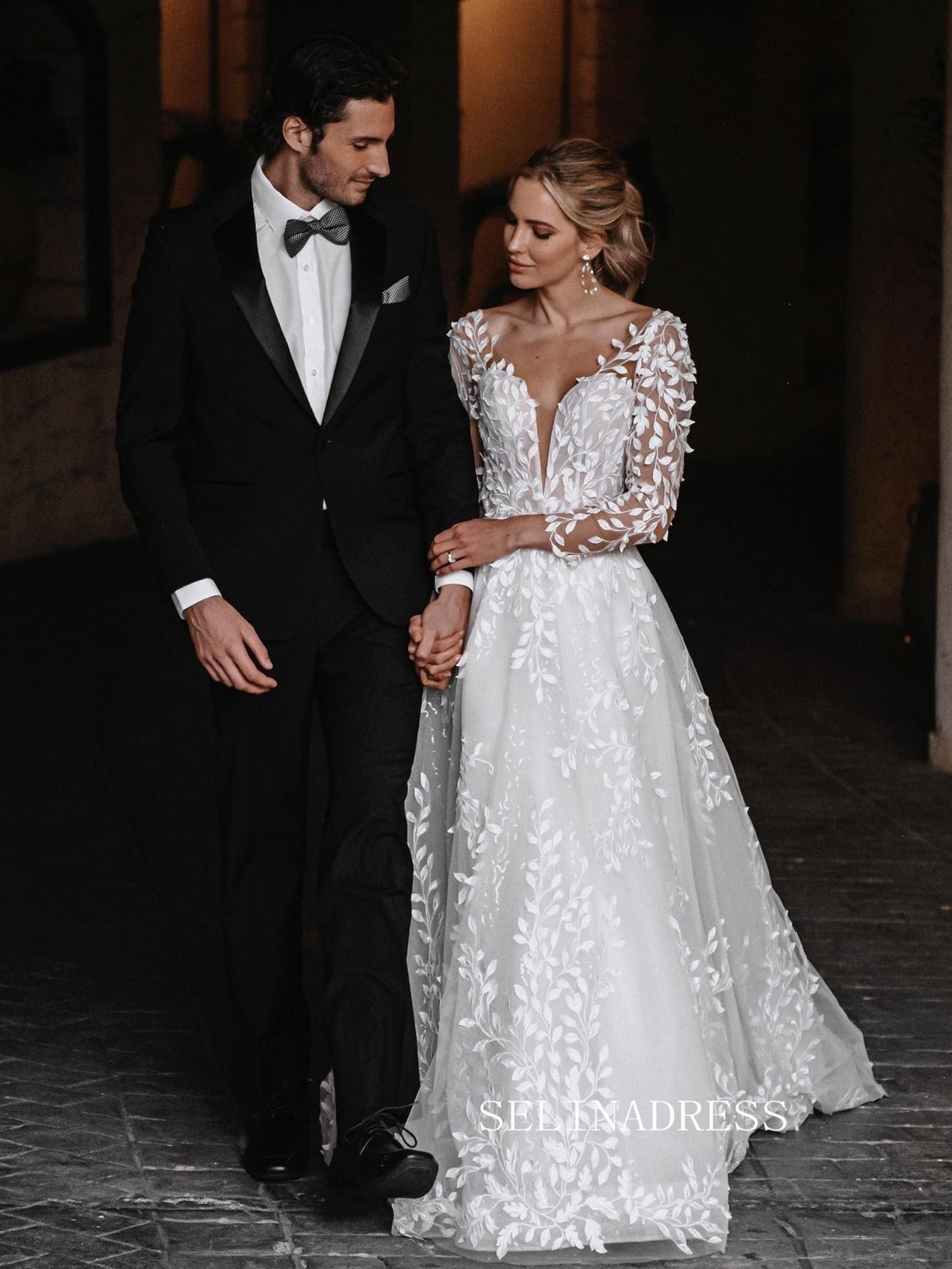 Chic A-line V neck 3D Floral Lace Wedding Dress Long Sleeve Rustic Bridal Gowns JKW205 Chic A-line V neck 3D Floral Lace Wedding Dress Long Sleeve Rustic Bridal Gowns JKW205