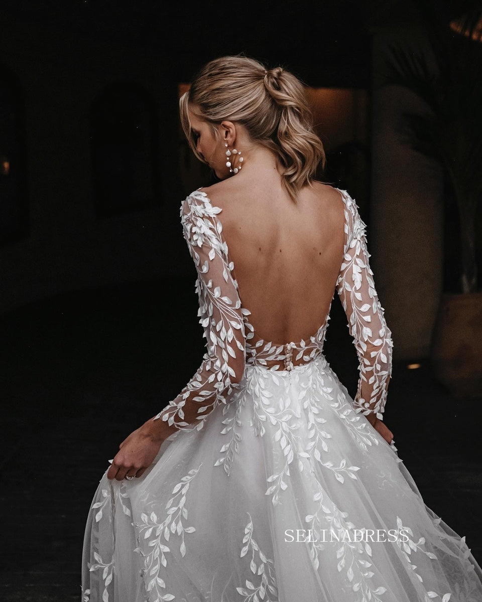 Chic A-line V neck 3D Floral Lace Wedding Dress Long Sleeve Rustic Bri ...