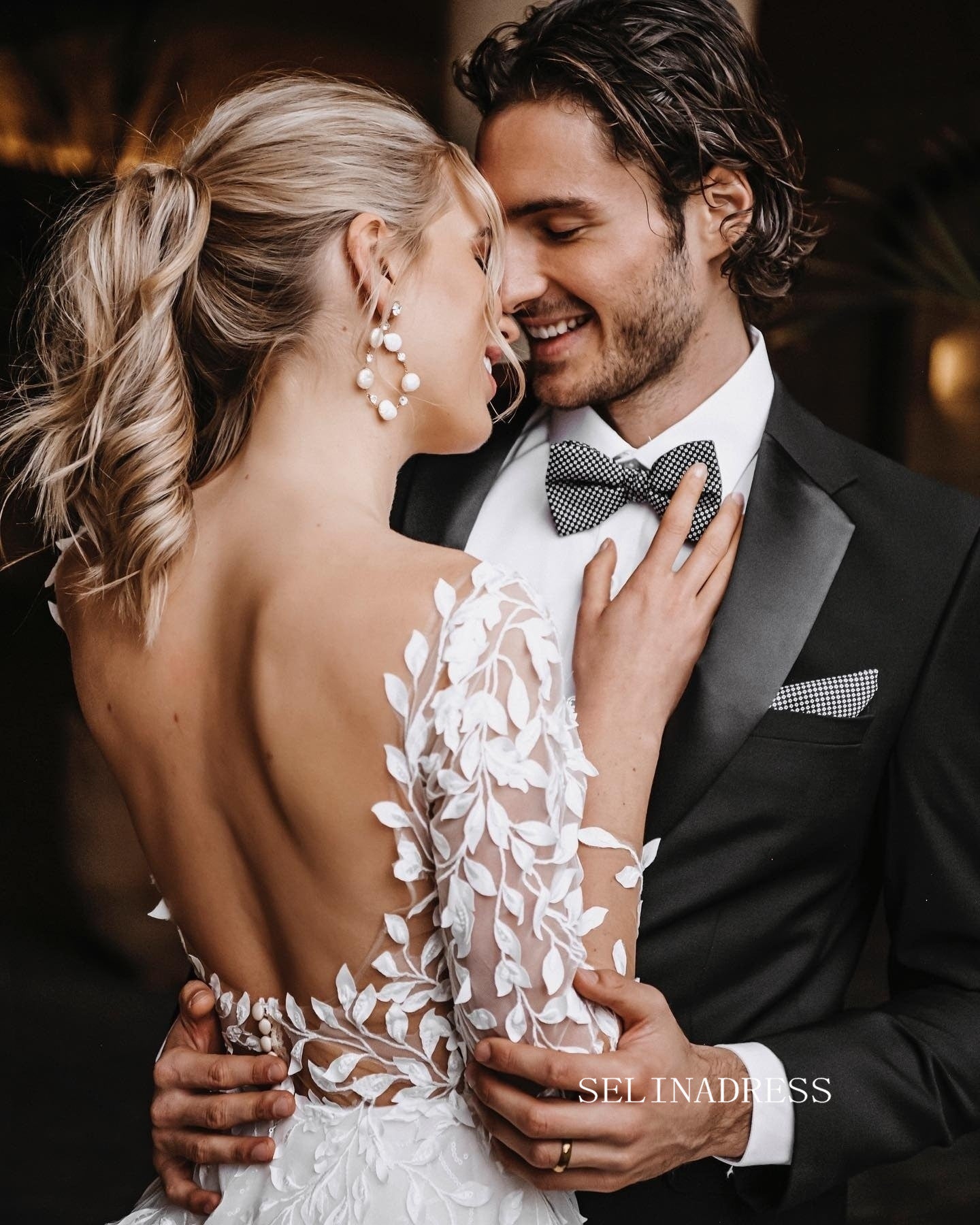 Chic A-line V neck 3D Floral Lace Wedding Dress Long Sleeve Rustic Bri SELINADRESS Chic A-line V neck 3D Floral Lace Wedding Dress Long Sleeve Rustic Bri SELINADRESS