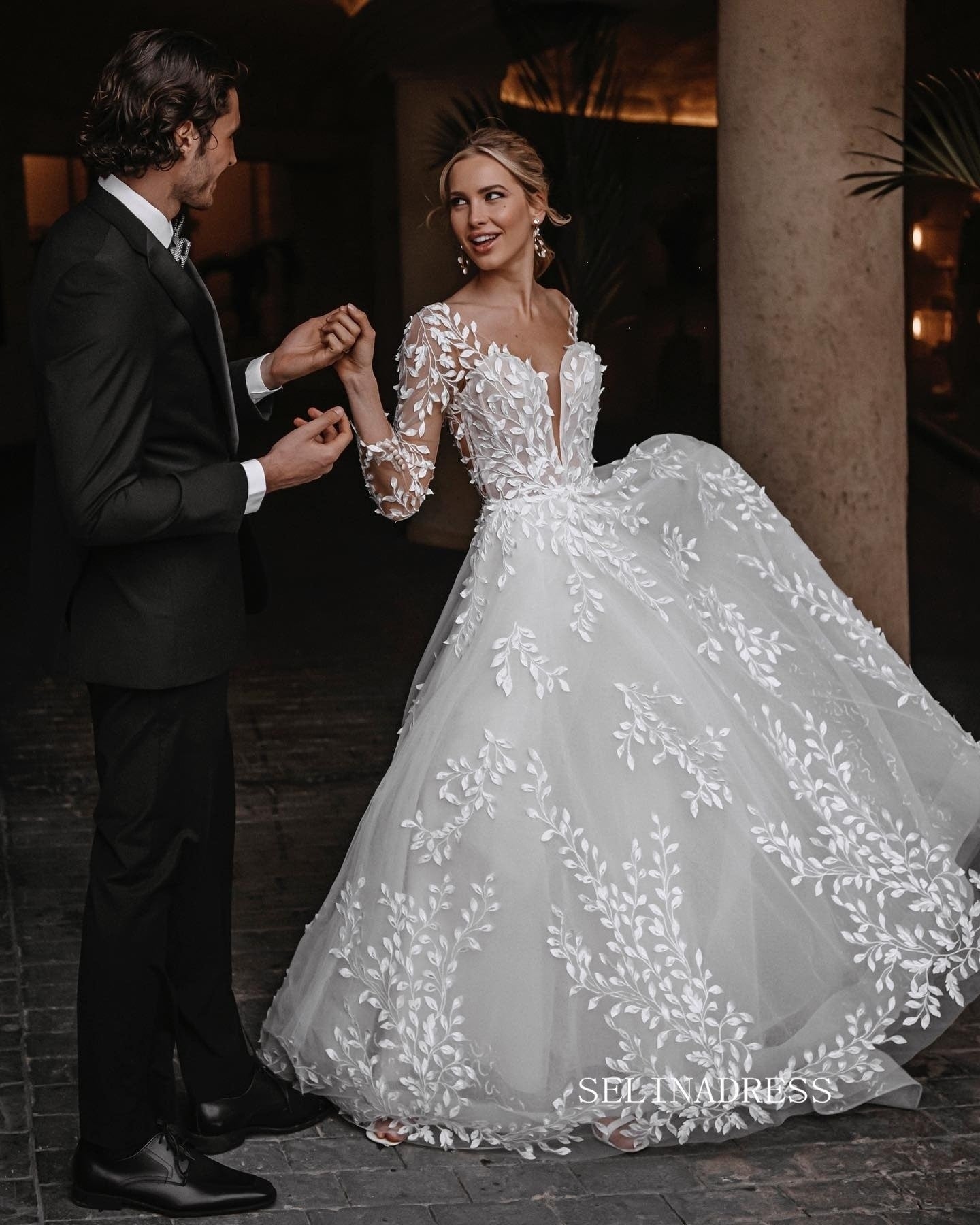 Chic A-line V neck 3D Floral Lace Wedding Dress Long Sleeve Rustic Bridal Gowns JKW205 Chic A-line V neck 3D Floral Lace Wedding Dress Long Sleeve Rustic Bridal Gowns JKW205