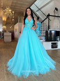 Chic A-line V neck Applique Lace Long Prom Dress Tulle Elegant Evening Dress #lop250|Selinadress