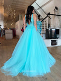 Chic A-line V neck Applique Lace Long Prom Dress Tulle Elegant Evening Dress #lop250