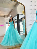 Chic A-line V neck Applique Lace Long Prom Dress Tulle Elegant Evening Dress #lop250