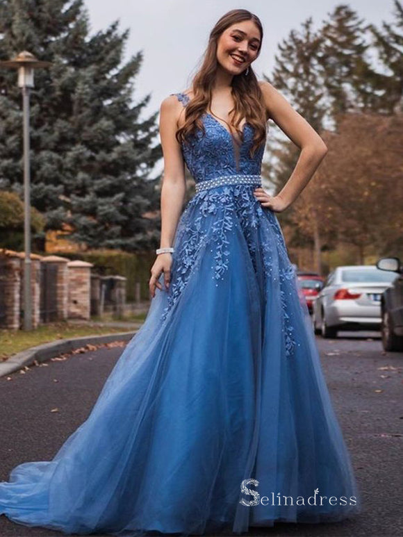 Chic A-line V neck Applique Long Prom Dresses Blue Lace Evening Gowns MHL2865|Selinadress