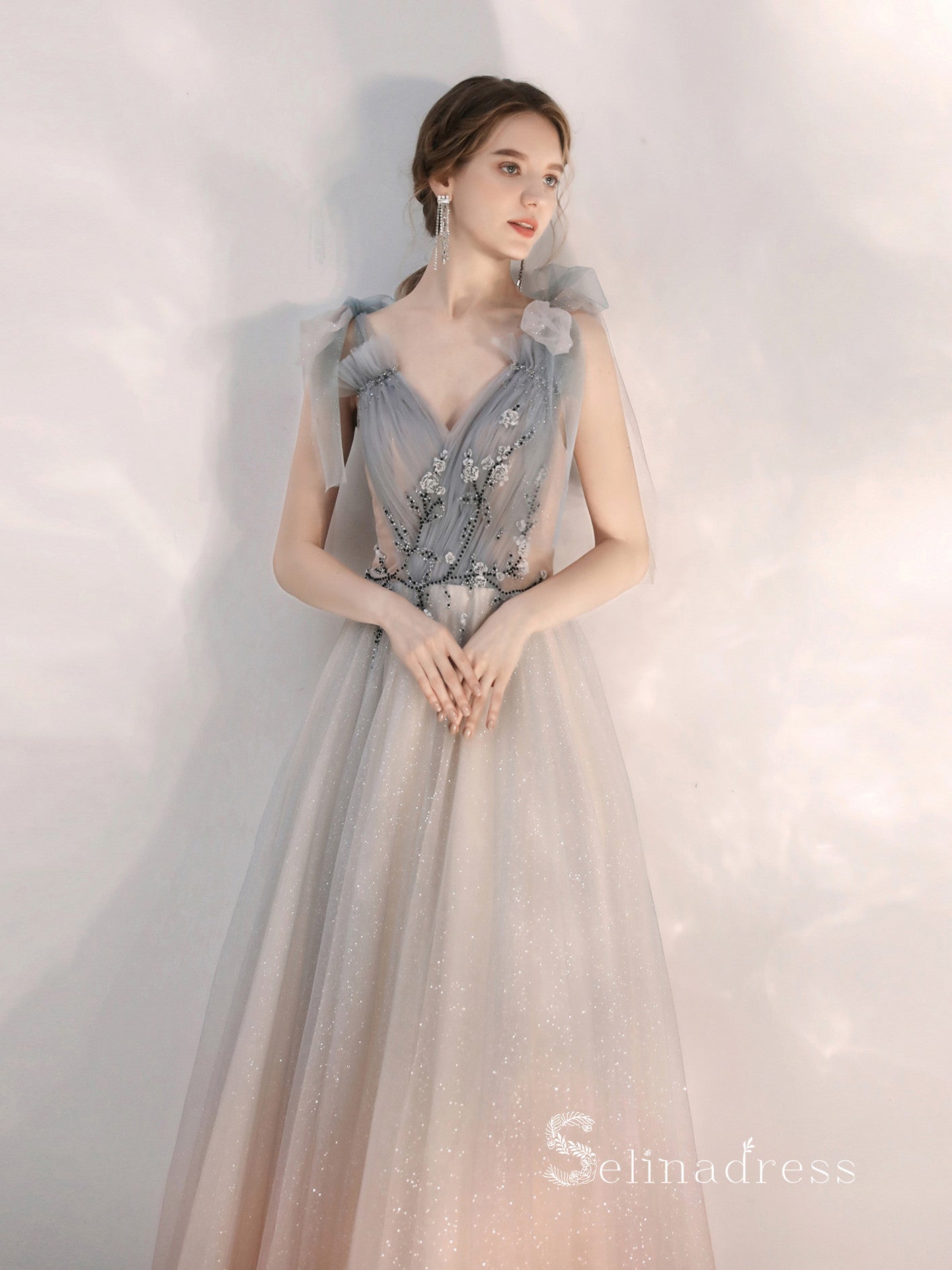 Chic A-line V neck Beaded Long Prom Dresses Ombre Tulle Evening Gowns SELINADRESS Chic A-line V neck Beaded Long Prom Dresses Ombre Tulle Evening Gowns SELINADRESS