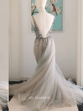 Chic A-line V neck Beaded Silver Long Prom Dresses Beaded Princess Bridesmaid Dresses Long Formal Dress OSTY051|Selinadress
