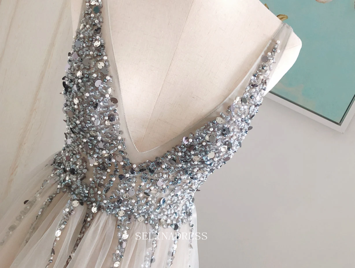 Chic A-line V neck Beaded Silver Long Prom Dresses Beaded Princess Bri SELINADRESS Chic A-line V neck Beaded Silver Long Prom Dresses Beaded Princess Bri SELINADRESS