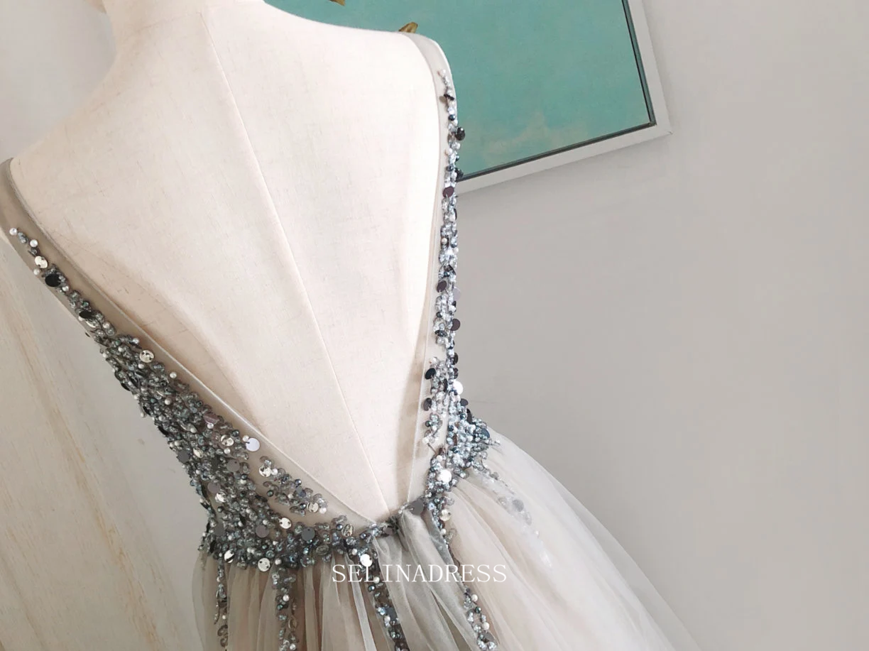 Chic A-line V neck Beaded Silver Long Prom Dresses Beaded Princess Bri SELINADRESS Chic A-line V neck Beaded Silver Long Prom Dresses Beaded Princess Bri SELINADRESS