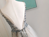 Chic A-line V neck Beaded Silver Long Prom Dresses Beaded Princess Bridesmaid Dresses Long Formal Dress OSTY051|Selinadress