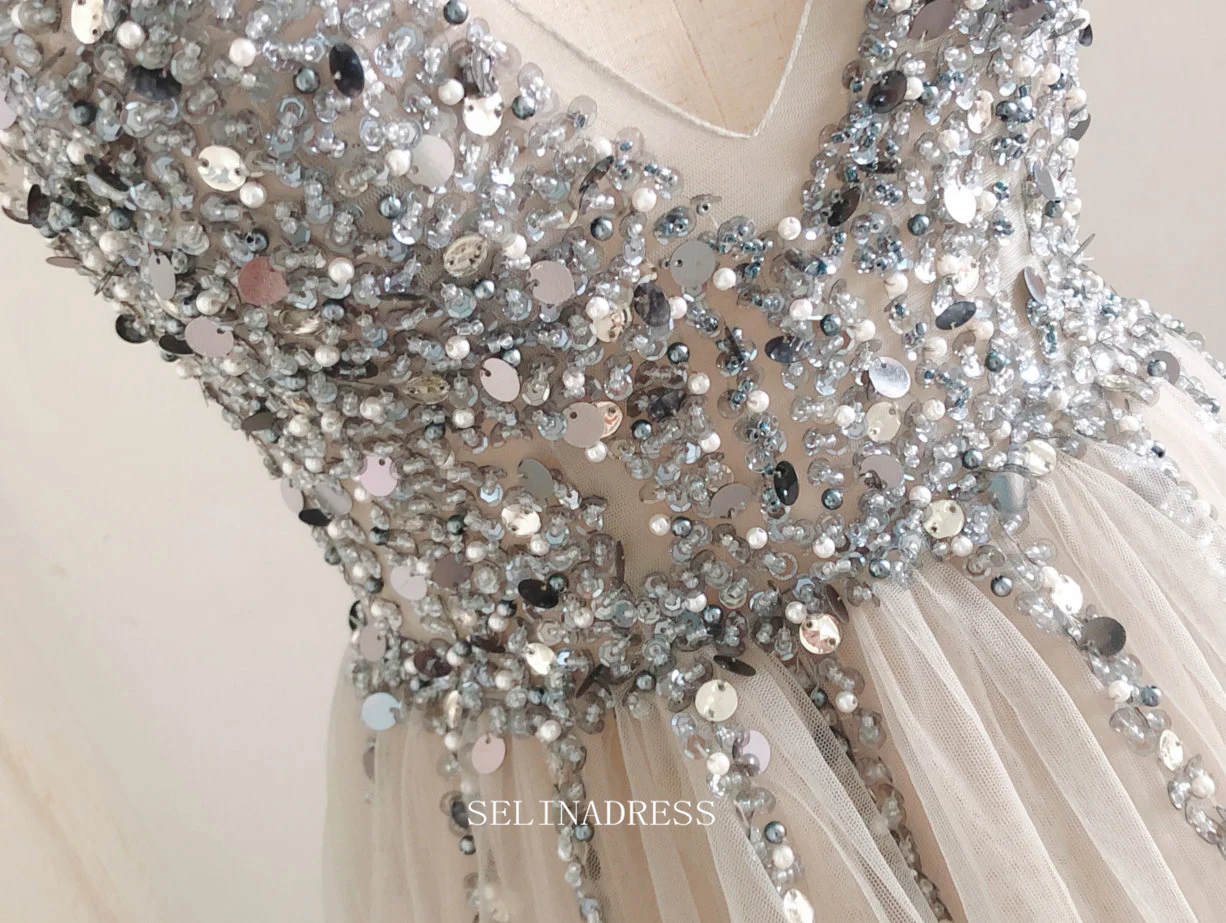 Chic A-line V neck Beaded Silver Long Prom Dresses Beaded Princess Bri SELINADRESS Chic A-line V neck Beaded Silver Long Prom Dresses Beaded Princess Bri SELINADRESS