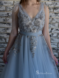 Chic A-line V neck Blue Long Prom Dress Embroidery Lace Long Evening Gowns MLH0469|Selinadress