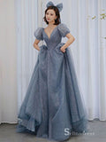 Chic A-line V neck Blue Long Prom Dresses Sparkly Formal Gowns CBD216|Selinadress