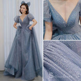 Chic A-line V neck Blue Long Prom Dresses Sparkly Formal Gowns CBD216|Selinadress
