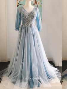 Chic A-line V neck Blue Long Prom Dresses With Long Sleeve Princess Dresses Long Formal Dress OSTY053|Selinadress