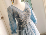 Chic A-line V neck Blue Long Prom Dresses With Long Sleeve Princess Dresses Long Formal Dress OSTY053|Selinadress