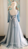 Chic A-line V neck Blue Long Prom Dresses With Long Sleeve Princess Dresses Long Formal Dress OSTY053