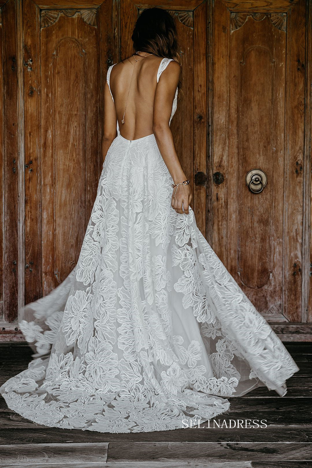 Chic A-line V neck Boho Wedding Dress Rustic Lace Wedding Gowns MLS045 SELINADRESS Chic A-line V neck Boho Wedding Dress Rustic Lace Wedding Gowns MLS045 SELINADRESS