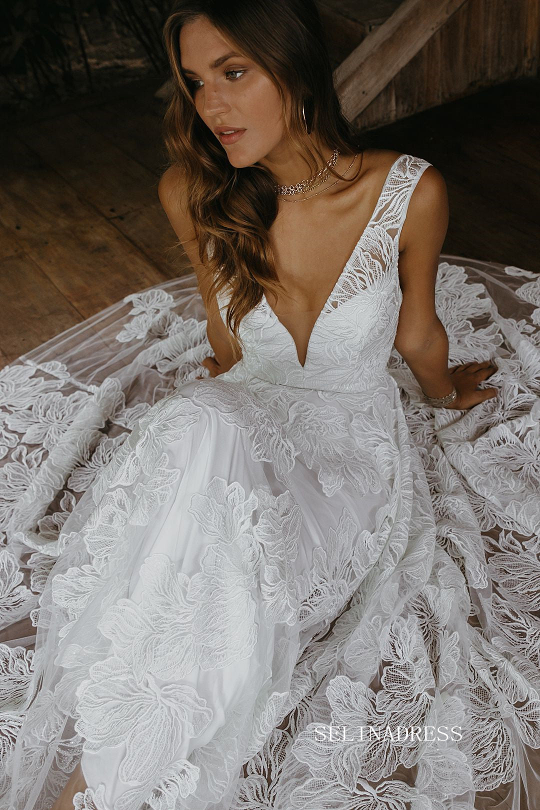 Chic A-line V neck Boho Wedding Dress Rustic Lace Wedding Gowns MLS045 SELINADRESS Chic A-line V neck Boho Wedding Dress Rustic Lace Wedding Gowns MLS045 SELINADRESS