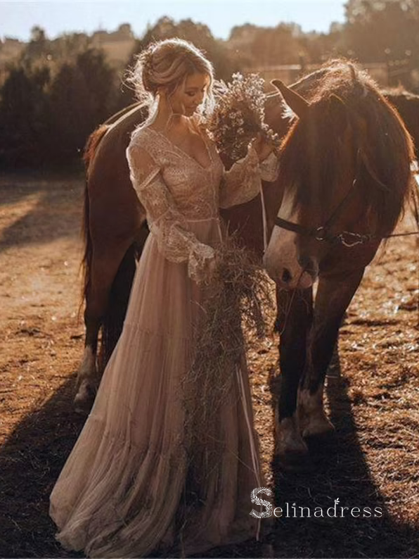 Chic A-line V neck Boho Wedding Dress With Long Sleeve Rustic Lace Bri SELINADRESS Chic A-line V neck Boho Wedding Dress With Long Sleeve Rustic Lace Bri SELINADRESS