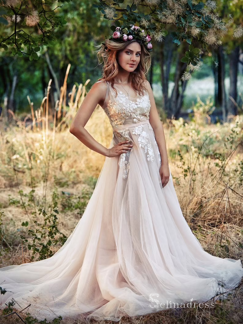 Chic A-line V neck Champagne Long Prom Dresses Embroidery Lace Evening SELINADRESS Chic A-line V neck Champagne Long Prom Dresses Embroidery Lace Evening SELINADRESS