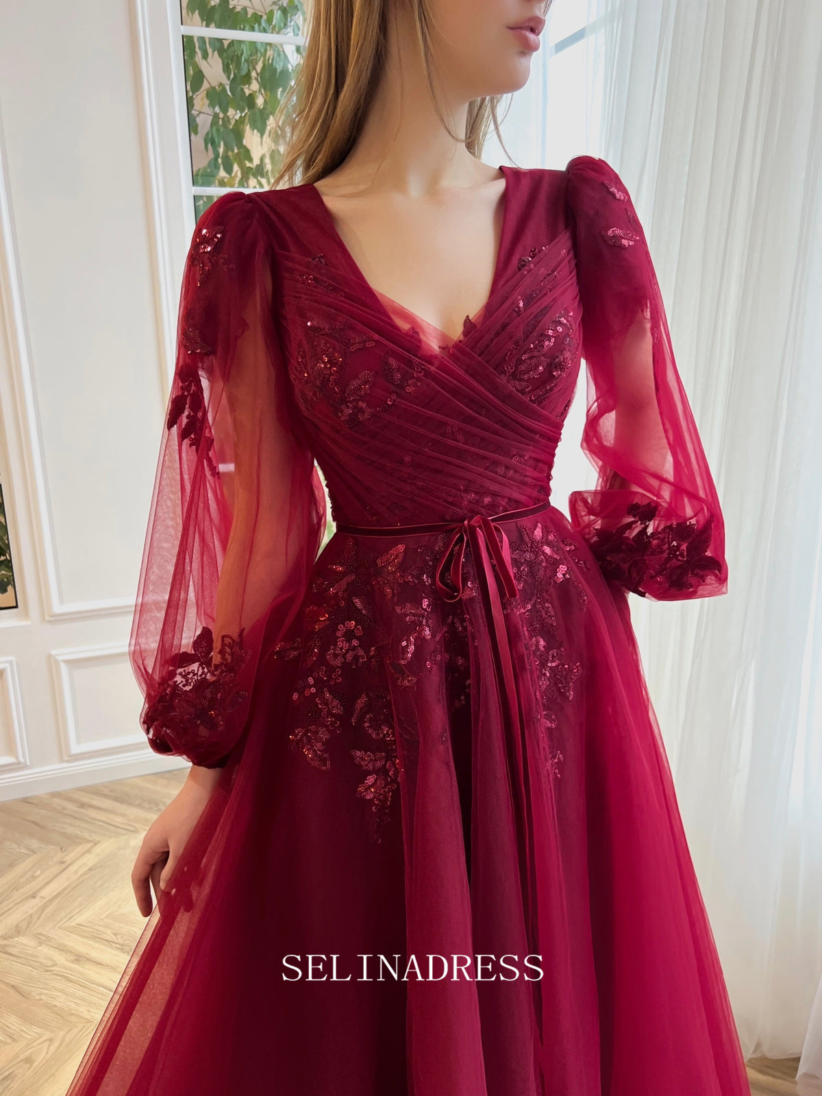 Burgundy Long Sleeve V Neck Lace Dress Affordable Long Sleeves V-Neck Lace Burgundy Bridesmaid Dresses Burgundy Long Sleeve V Neck Lace Dress Affordable Long Sleeves V-Neck Lace Burgundy Bridesmaid Dresses