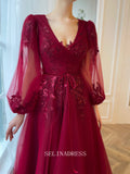 Chic A-line V neck Elegant Burgundy Prom Dress Puffy Sleeves Amaryllis Gown Evening Dress #LOP206|Selinadress