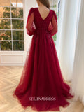 Chic A-line V neck Elegant Burgundy Prom Dress Puffy Sleeves Amaryllis Gown Evening Dress #LOP206|Selinadress