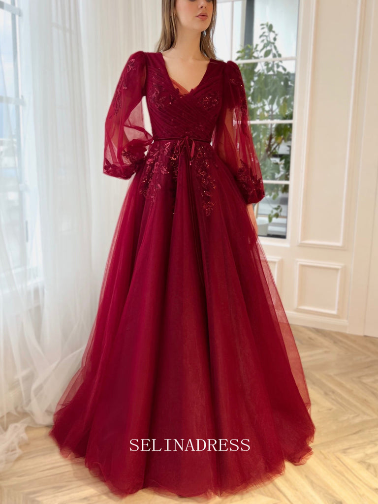 Chic A-line V neck Elegant Burgundy Prom Dress Puffy Sleeves Amaryllis – SELINADRESS