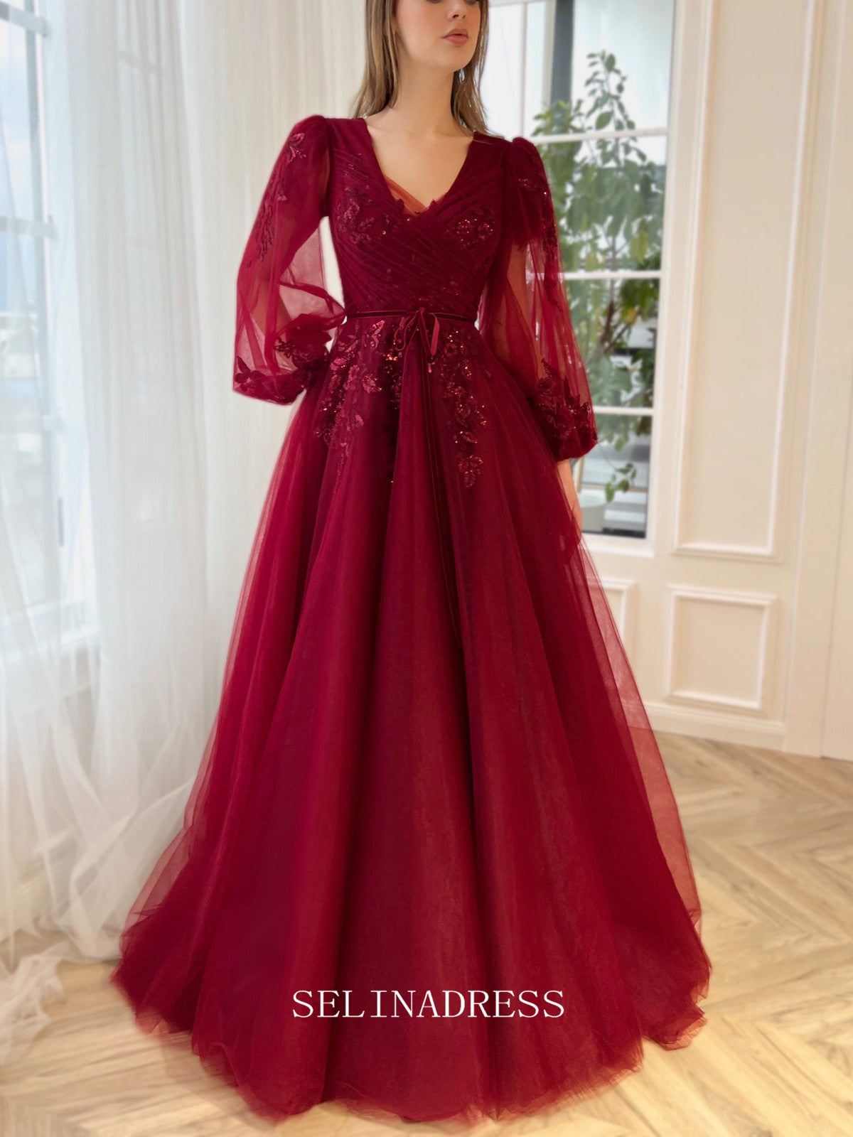 Double Straps Long Burgundy Evening Dress with High Slit – FancyVestido