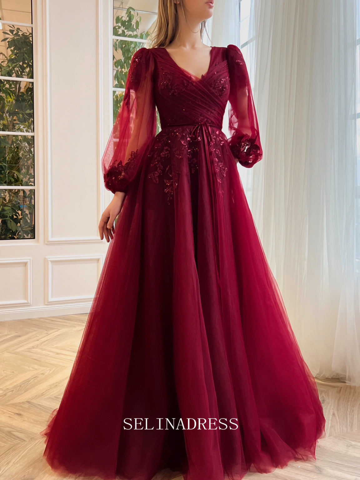 burgundy prom dress with sleeves Lace Long Sleeves Burgundy Ball Gowns Evening Prom Dresses alinanova