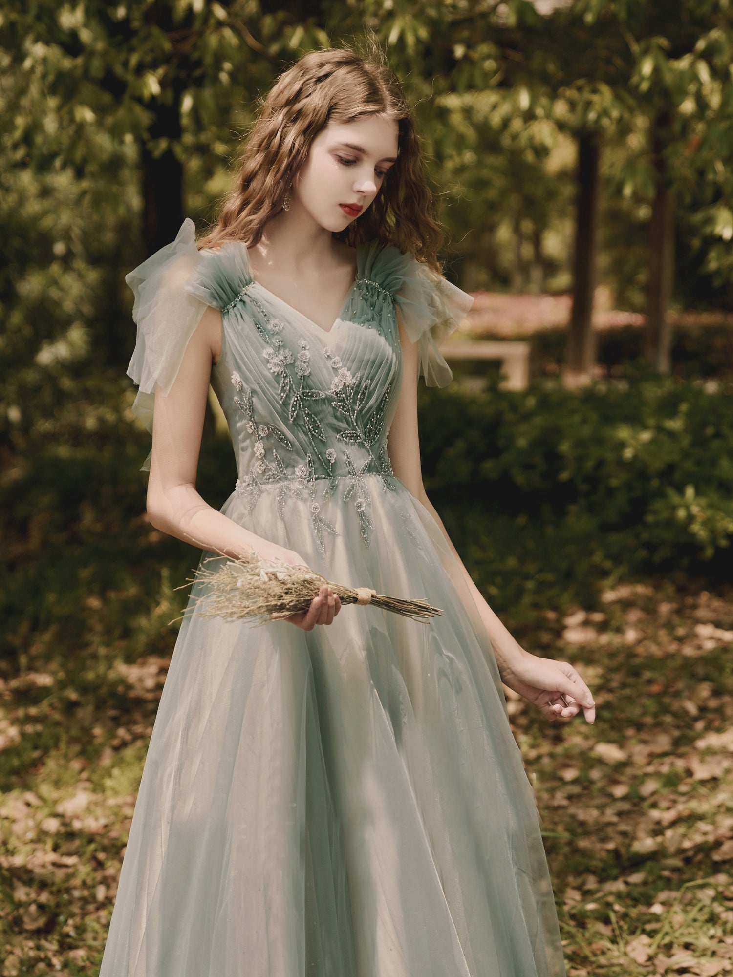 Chic A-line V neck Green Long Prom Dresses Beaded Formal Gowns Evening SELINADRESS Chic A-line V neck Green Long Prom Dresses Beaded Formal Gowns Evening SELINADRESS