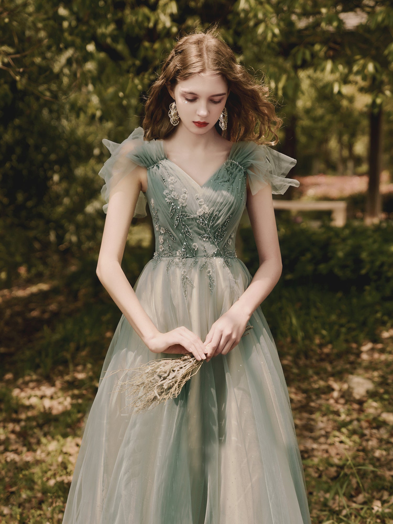 Chic A-line V neck Green Long Prom Dresses Beaded Formal Gowns Evening Dress OSTY060 Chic A-line V neck Green Long Prom Dresses Beaded Formal Gowns Evening Dress OSTY060