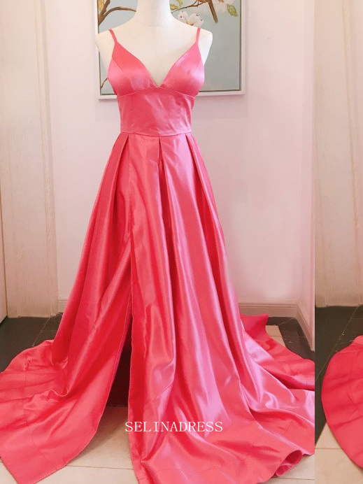 Chic A-line Spaghetti Straps High Slit Fuchsia Long Prom Dresses Satin Bridesmaid Dresses Long Formal Dress OSTY054|Selinadress