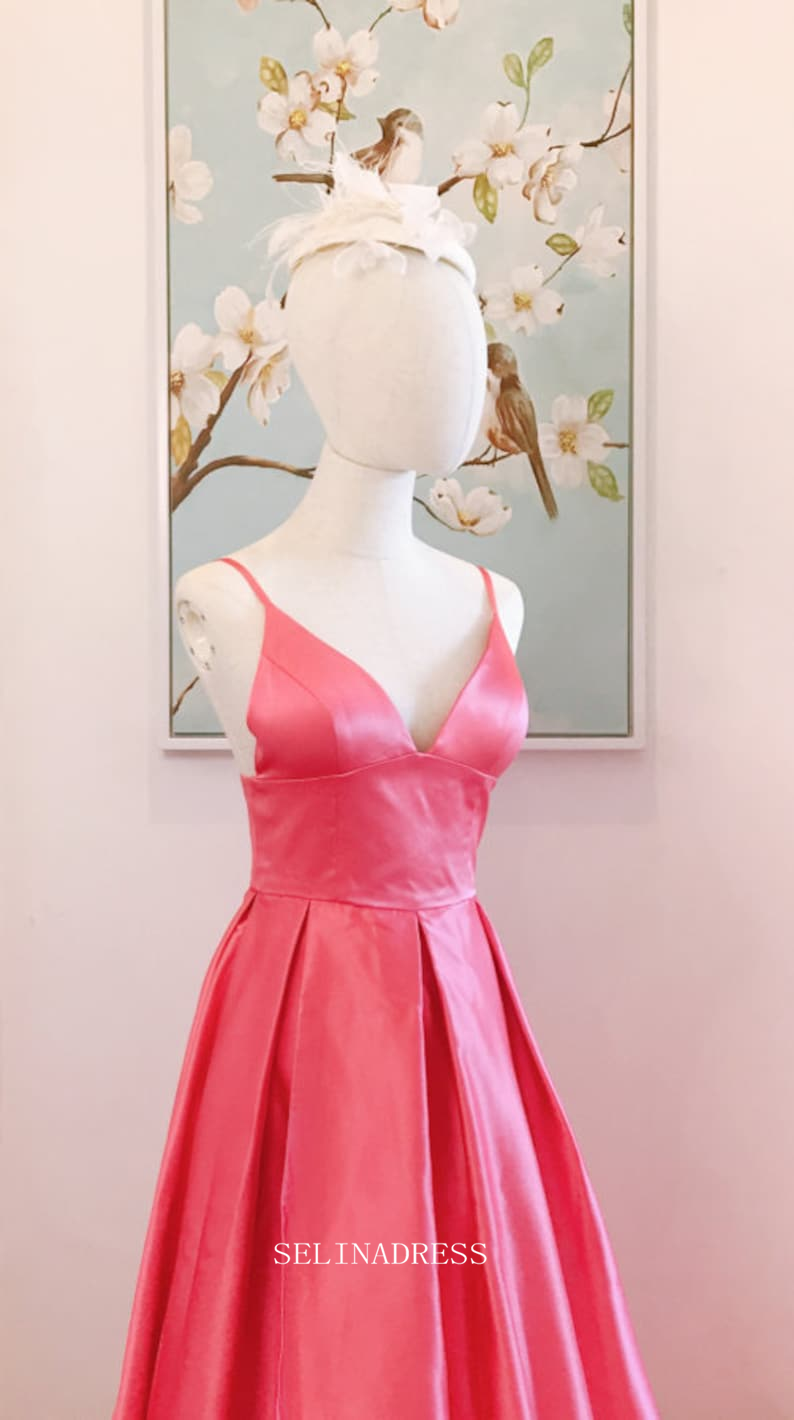 Chic A-line Spaghetti Straps High Slit Fuchsia Long Prom Dresses Satin SELINADRESS Chic A-line Spaghetti Straps High Slit Fuchsia Long Prom Dresses Satin SELINADRESS